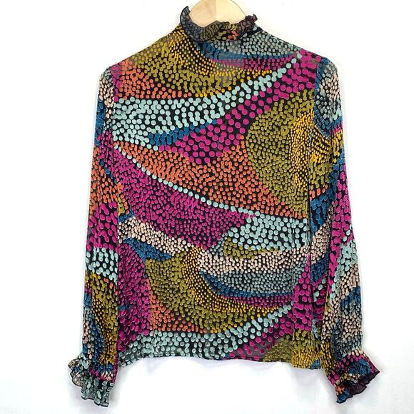 Saloni Polka Dot Devore Satin Blouse Sz 6 Multicolor Sheer Ruffle Cuff Whimsical - Picture 7 of 13